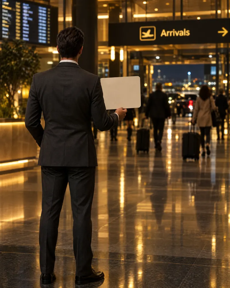 Levanta chauffeur waiting in the arrivals hall holding a name board