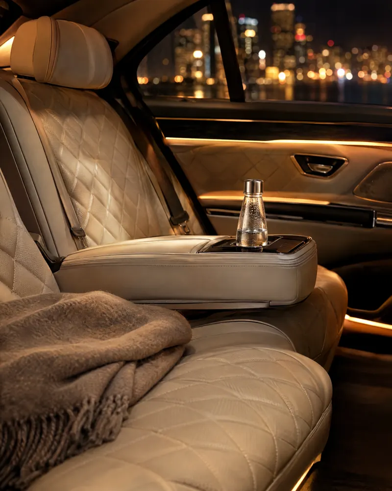 Cream leather rear cabin of a luxury car at night