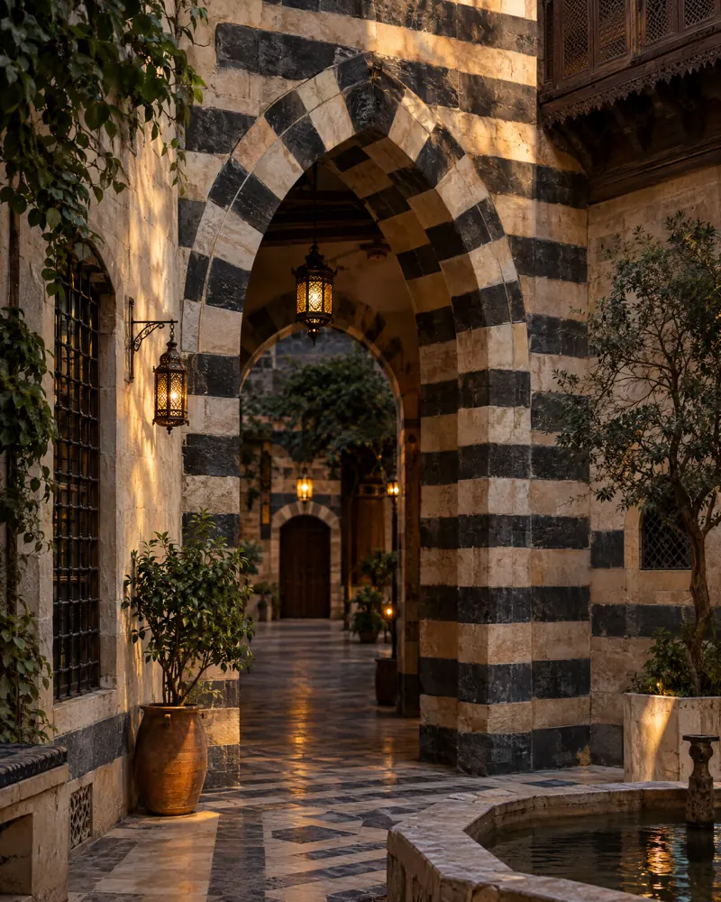 Ablaq striped arch in an old Damascus courtyard