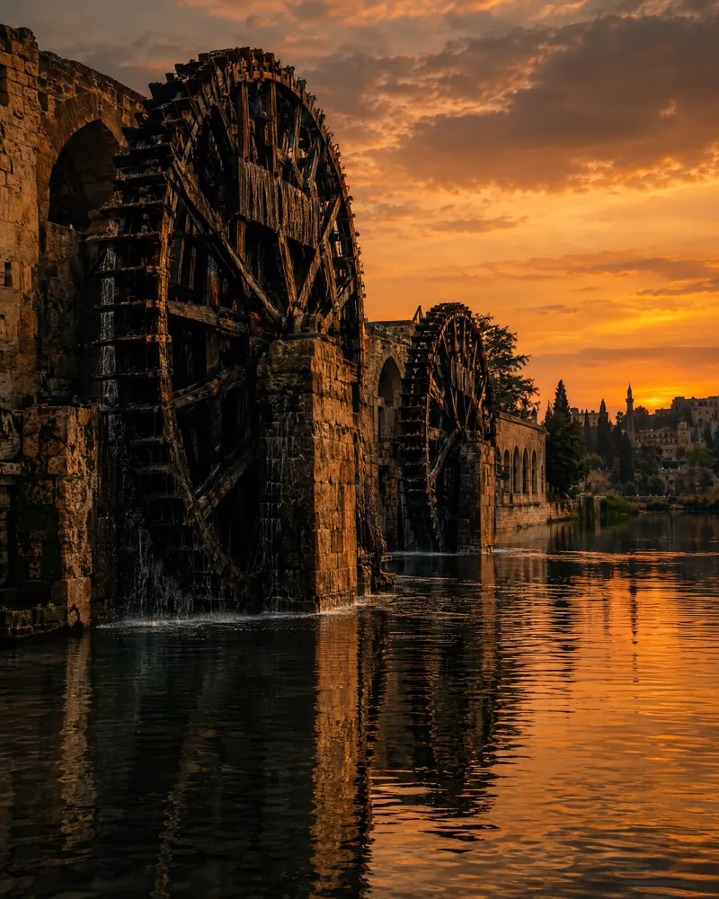 The norias of Hama on the Orontes at dusk