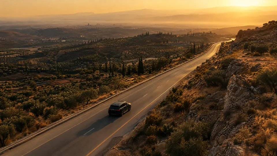 Black SUV on an open Syrian highway at golden hour