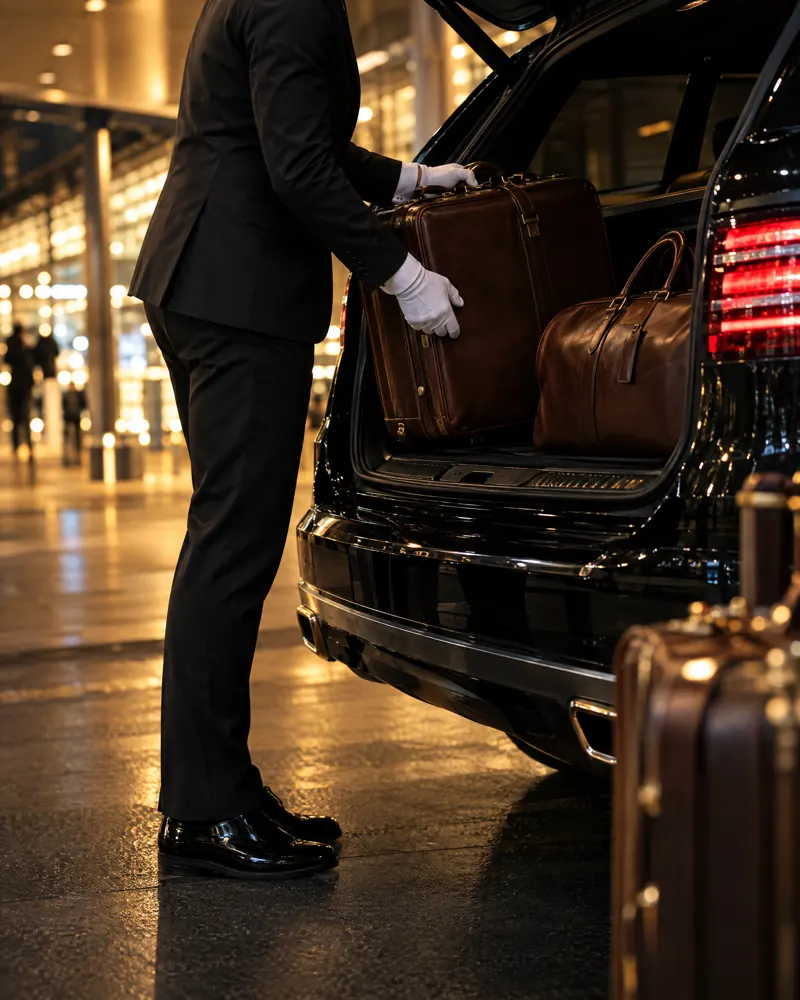 Chauffeur loading leather luggage into a black SUV outside the terminal